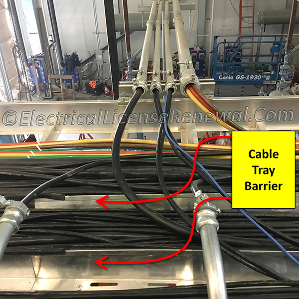 Cable tray barriers can be used to separate conductors operating over 600 volts from other conductors in the same tray operating at 600 volts or less.