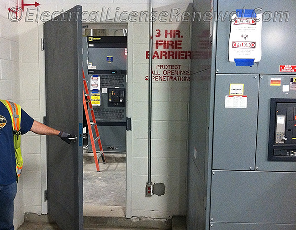 Equipment rated over 800 amps and containing overcurrent devices is located on each side of the door and the door is within 25 ft. of the workspace on both sides. All equipment is rated over 800 amps. Can you identify the problem? Over $30,000 was spent to fix the problem before the job was able to pass final inspection. Can you think of some solutions?