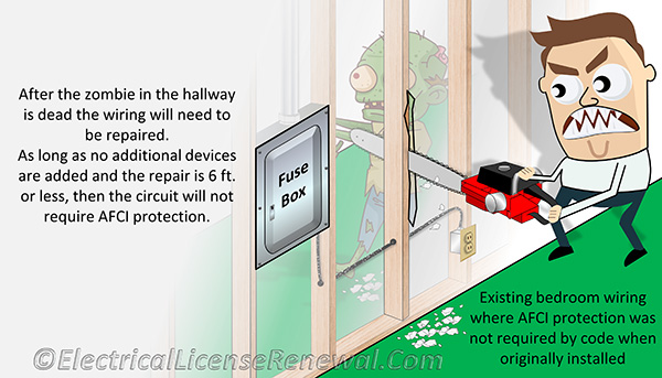 AFCI protection shall not be required where the extension of the existing conductors is not more than 6 ft. and does not include any additional outlets or devices.