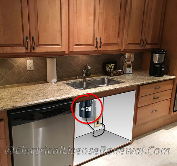 In the 2014 NEC, the waste disposer in the sink of this business office break room is permitted to be cord and plug connected.