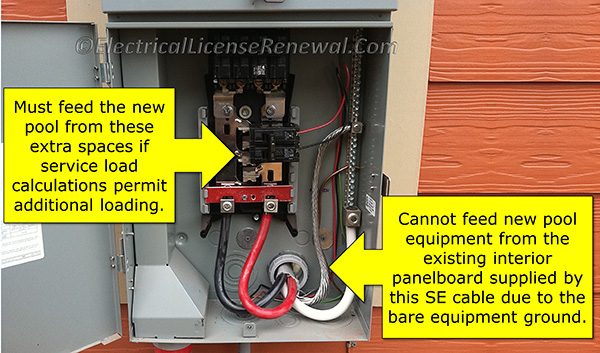 Question: Since the two-pole breaker in the center feeds the dwelling unit air conditioner, adjacent to the service, can the SE cable feeder coming off the feed-thru lugs and going to an interior panel serving all other dwelling loads be sized from 310.15(B)(7)?