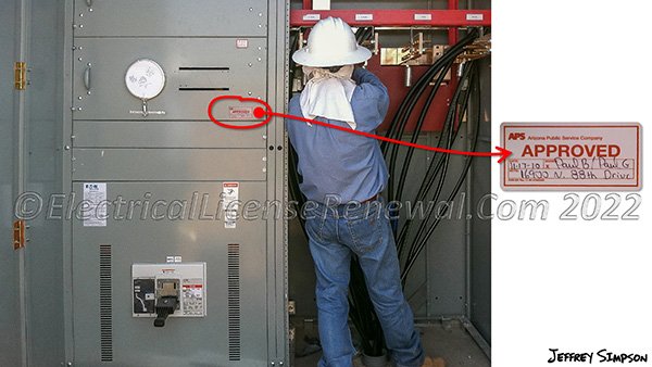 The electrical utility company has placed their approval sticker on the service and is pulling secondaries from the utility transformer into the equipment even though the city inspector has not yet placed his green tag on the equipment.