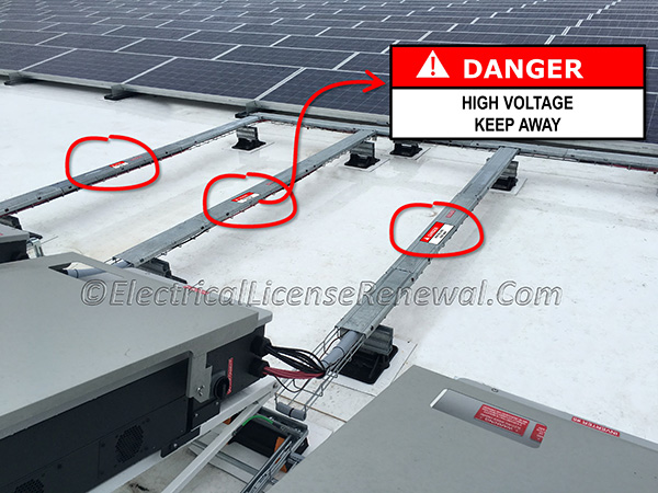 It is quite common to see cable trays used to carry DC PV source circuits operating over 600 volts. These cable trays require the DANGER marking.