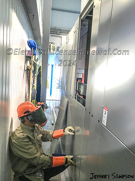 The workers face and chest are further from the arc source than his hands.