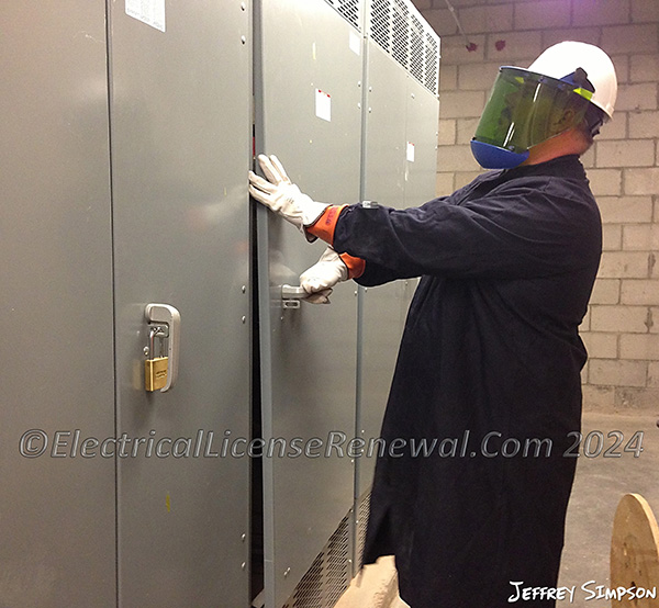 The worker suits up in category 1 PPE before opening the gear to perform thermography within the restricted approach boundary. Which required items are clearly missing from the workers PPE selection?