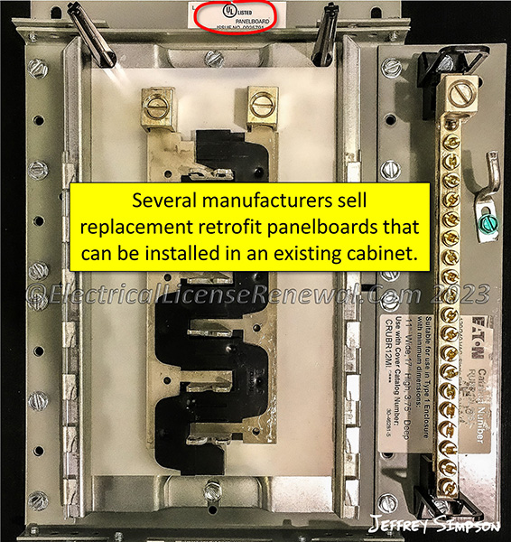 Retrofit panelboard meant for installation into an existing cabinet.