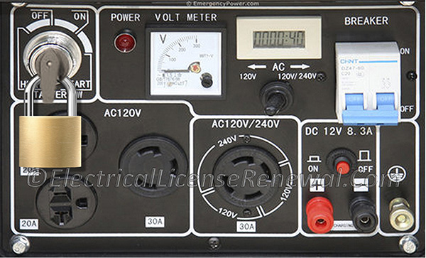 Example of a generator with provisions for locking the starting mechanism in the off position.