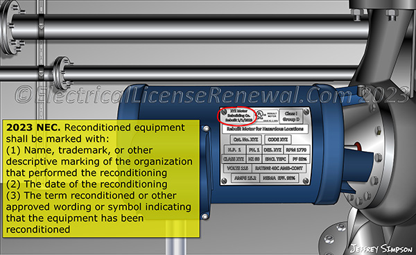 Reconditioned equipment shall be marked with the name, trademark, or other descriptive marking by which the organization responsible for reconditioning the electrical equipment can be identified, along with the date of the reconditioning, and the term “reconditioned” or similar.