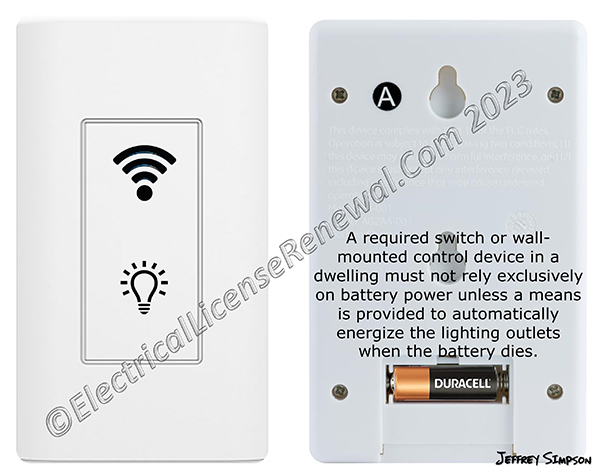 A required switch or wall-mounted control device in a dwelling must not rely exclusively on battery power unless a means is provided to automatically energize the lighting outlets when the battery dies.