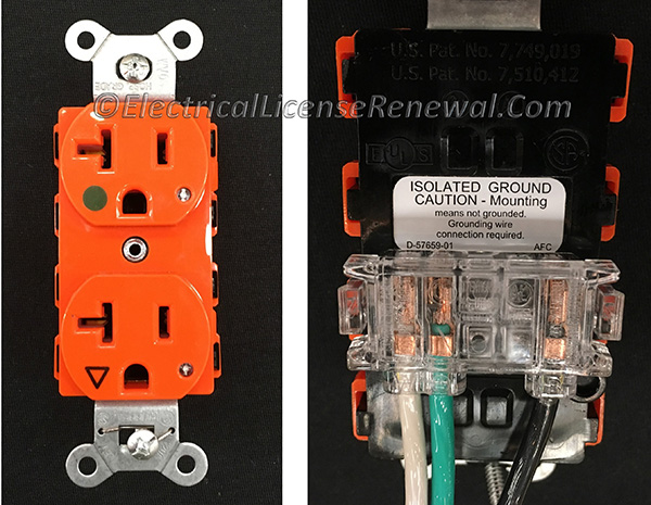 According to UL product category RTRT, grounding-type receptacles in which the grounding terminals are purposely insulated from the mounting means of receptacles and associated metal cover plates as permitted by Section 250.146(D) of the NEC are so identified by an orange triangle marked on the face of the receptacle.