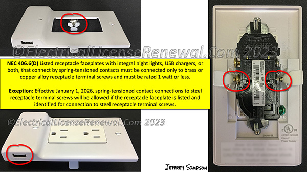 Receptacle faceplates equipped with integral night lights and/or USB chargers that connect by spring-tensioned contacts must be rated 1 watt or less and connected to brass or copper alloy receptacle terminal screws.