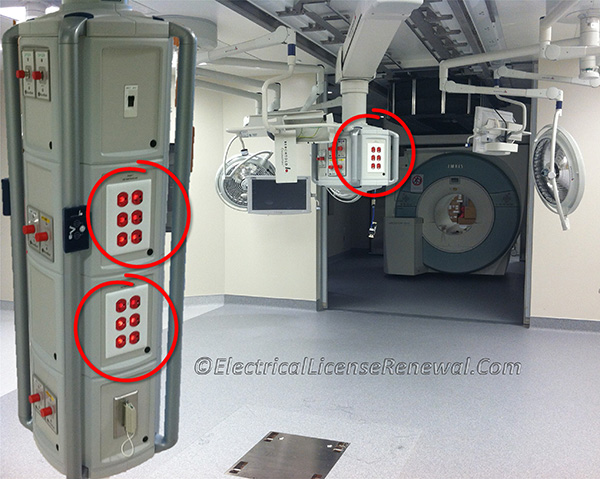 Modern day operating rooms have several of these moveable receptacle pods with receptacles on the front and back.