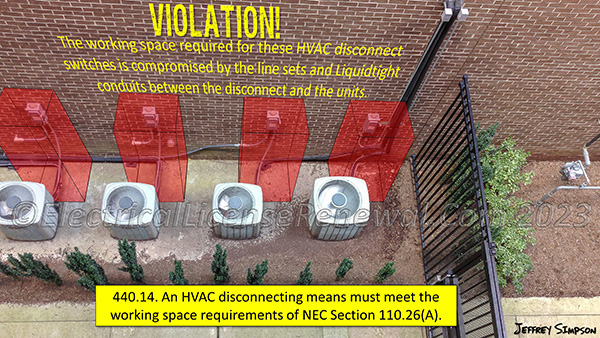 An HVAC disconnecting means must meet the working space requirements of NEC Section 110.26(A). The working space required for these HVAC disconnect switches is compromised by the line sets and Liquidtight conduits between the disconnect and the units.