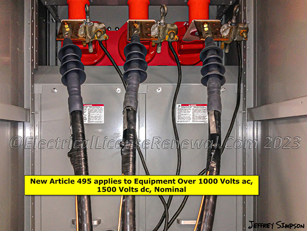 Switchgear over 1000 volts, as in the image, is covered in Part III of new Article 495.