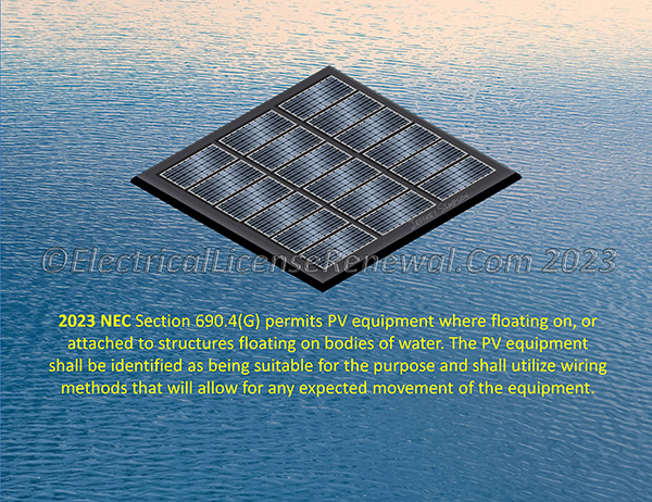 2023 NEC Section 690.4(G) permits PV equipment where floating on bodies of water.