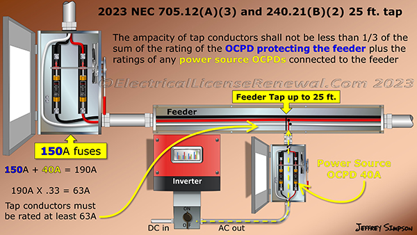 For taps sized in accordance with 240.21(B)(2) or (B)(4), the ampacity of tap conductors shall not be less than one-third of the sum of the rating of the overcurrent device protecting the feeder plus the ratings of any power source overcurrent devices connected to the feeder.