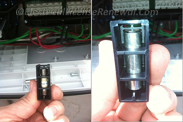 When series string fuse protection is required, it must be installed in each ungrounded conductor. If series string protection is not required, the factory installed dummy fuses can remain in place.