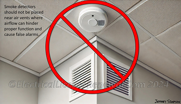 Smoke detectors should not be placed near air vents where airflow can hinder proper function and cause false alarms.