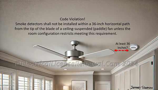 Smoke alarms and smoke detectors shall not be installed within a 36-inch horizontal path from the tip of the blade of a ceiling-suspended (paddle) fan unless the room configuration restricts meeting this requirement.
