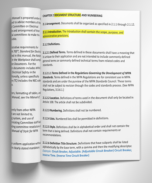 Section 2.1.1 of the NEC Style Manual applies to the overall document (the NEC) and states that &ldquo;the Introduction shall contain the scope, purpose, and administrative provisions&rdquo;.