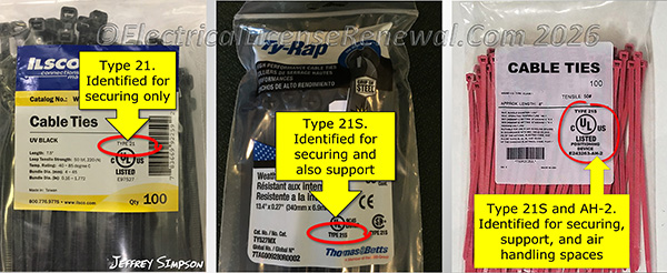 Cable ties marked 2S or 21S are evaluated for securing and supporting cable, flexible conduit, and flexible tubing.