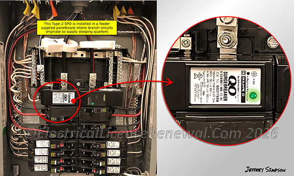 This Type 2 SPD is installed in a feeder supplied panelboard where branch circuits originate to supply sleeping quarters.