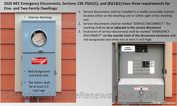 2026 NEC emergency disconnect requirements for one- and two-family dwellings.