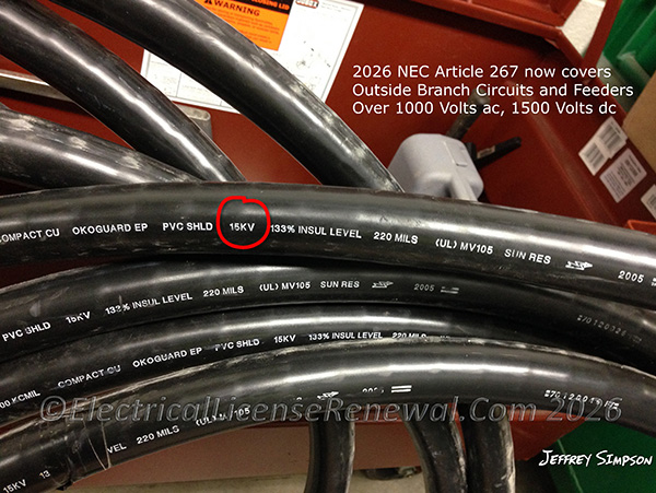 Article 267 now covers Outside Branch Circuits and Feeders Over 1000 Volts ac, 1500 Volts dc.