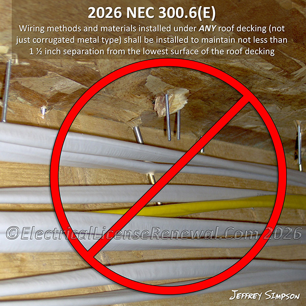 Wiring methods and materials installed under ANY roof decking (not just corrugated metal type) shall be installed to maintain not less than 1 &frac12; inch separation from the lowest surface of the roof decking.