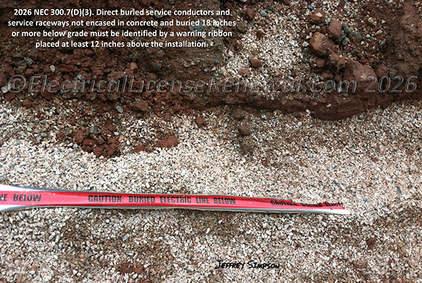 Direct buried service conductors and service raceways not encased in concrete and buried 18 inches or more below grade must be identified by a warning ribbon placed at least 12 inches above the installation.