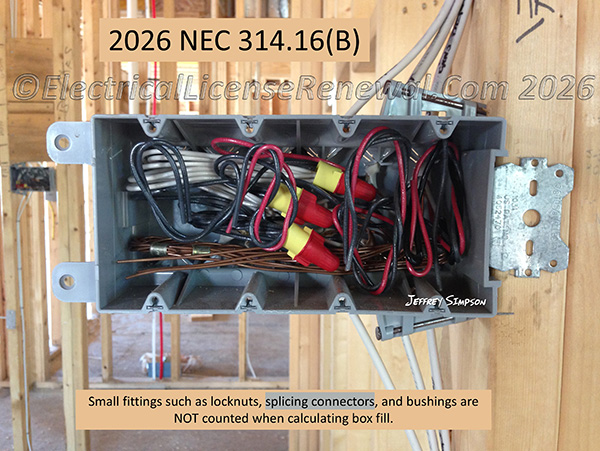 Small fittings such as locknuts, splicing connectors, and bushings are NOT counted when calculating box fill.
