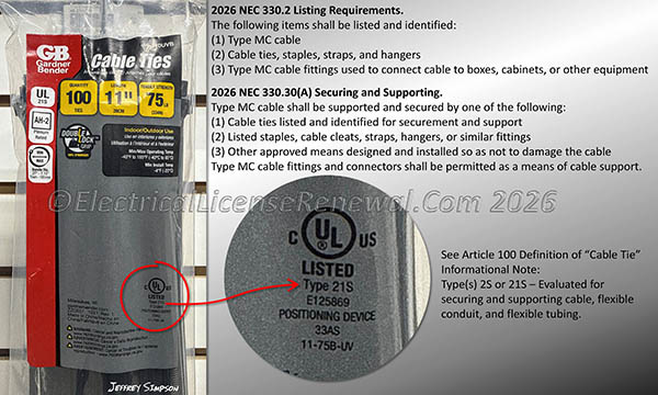 Cable ties, staples, straps, and hangers used to secure/support MC cable shall be listed.