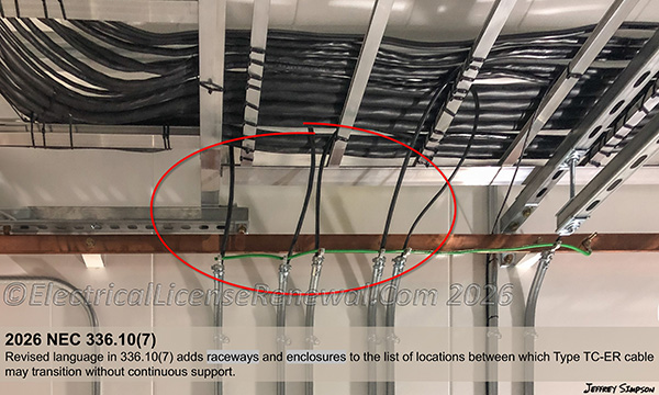 Revised language in 336.10(7) adds &ldquo;raceways&rdquo; and &ldquo;enclosures&rdquo; to the list of locations between which Type TC-ER cable may transition without continuous support.