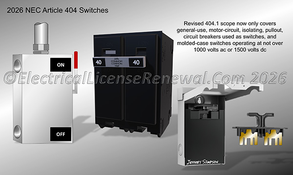 &nbsp;
Revised 404.1 scope now only covers general-use, motor-circuit, isolating, pullout, circuit breakers used as switches, and molded-case switches operating at not over 1000 volts ac or 1500 volts dc.
