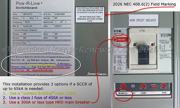 The short-circuit current rating of switchboards and panelboards, at nominal circuit voltage, based on the OCPDs installed, must be field marked in a readily accessible location on the enclosure.