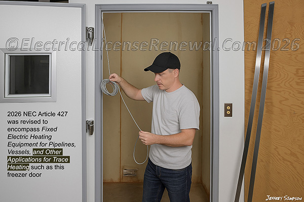 2026 NEC Article 427 was revised to encompass Fixed Electric Heating Equipment for Pipelines, Vessels, and Other Applications for Trace Heating such as this freezer door.