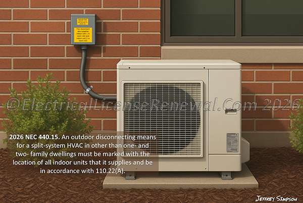 An outdoor disconnecting means for a split-system HVAC in other than one- and two- family dwellings must be marked with the location of all indoor units that it supplies.