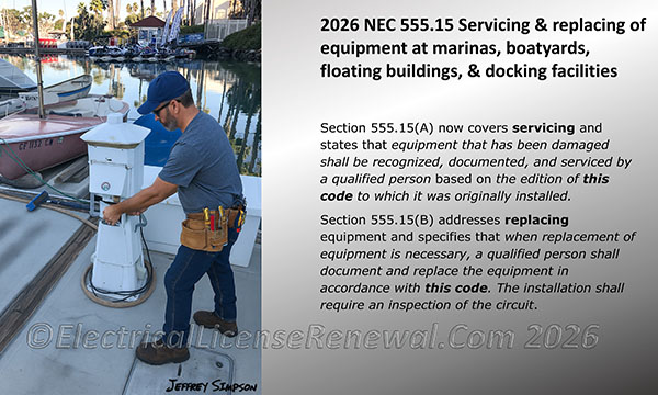 Section 555.15 covers Servicing & replacing of equipment at marinas, boatyards, floating buildings, & docking facilities.