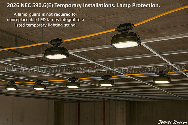 A lamp guard is not required for nonreplaceable LED lamps integral to a listed temporary lighting string.