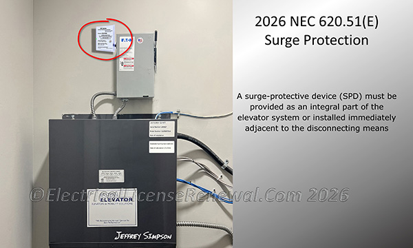 A surge-protective device (SPD) must be provided as an integral part of the elevator system or installed immediately adjacent to the disconnecting means.