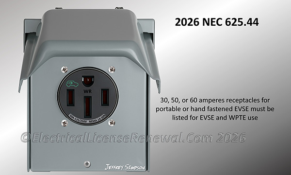 30, 50, or 60 amperes receptacles for portable or hand fastened EVSE must be listed for EVSE and WPTE use.