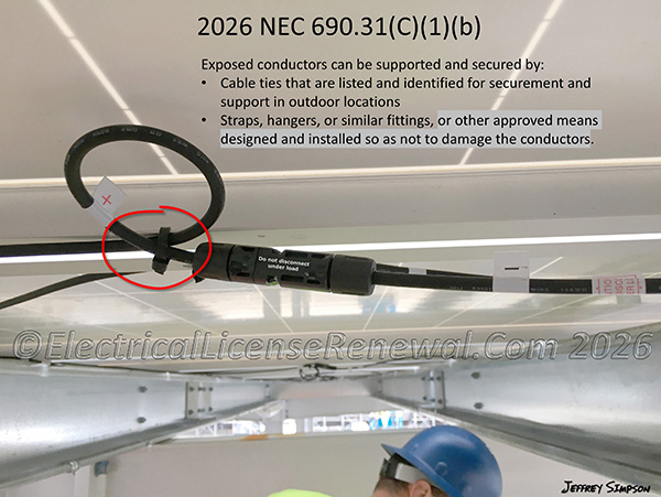 Exposed conductors can be supported and secured by cable ties that are listed and identified for securement and support in outdoor locations, or by straps, hangers, or similar fittings, or other approved means designed and installed so as not to damage the conductors.