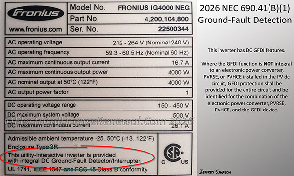 This inverter has DC GFDI features. Where the GFDI function is NOT integral to an electronic power converter, PVRSE, or PVHCE installed in the PV dc circuit, GFDI protection shall be provided for the entire circuit and be identified for the combination of the electronic power converter, PVRSE, PVHCE, and the GFDI device.