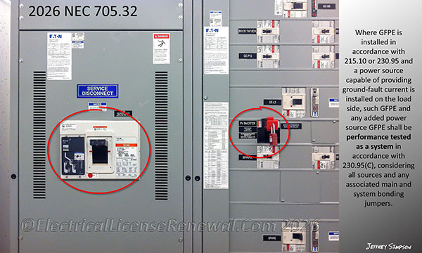 Where GFPE is installed in accordance with 215.10 or 230.95 and a power source capable of providing ground-fault current is installed on the load side, such GFPE and any added power source GFPE shall be performance tested as a system in accordance with 230.95(C), considering all sources and any associated main and system bonding jumpers.