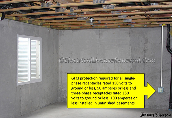 GFCI protection is now required for all single-phase receptacles rated 150 volts to ground or less, 50 amperes or less and three-phase receptacles rated 150 volts to ground or less, 100 amperes or less installed in crawl spaces and unfinished portions of basements not considered habitable.