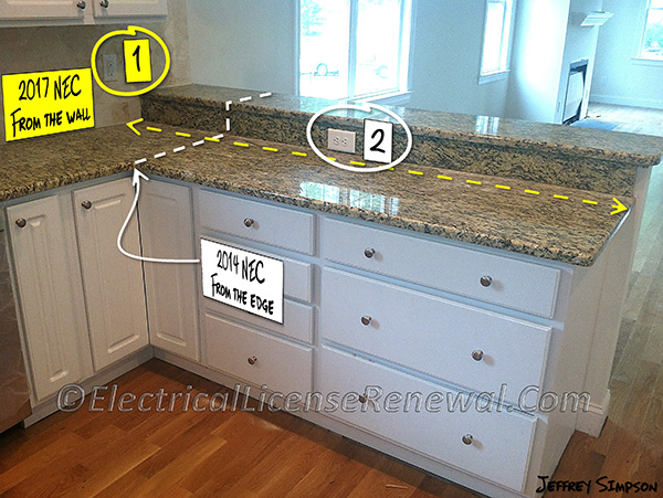 In the 2014 NEC, the peninsula was measured from the connecting edge. In the 2017 NEC, the peninsula is measured from the wall. Each undivided peninsula requires at least 1 receptacle.