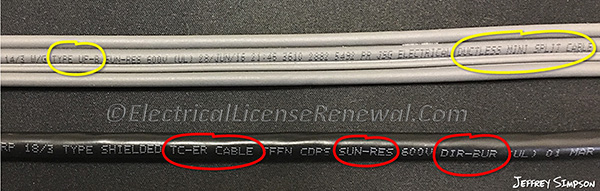 Circled in red is a Type TC-ER, sunlight resistant cable that is suitable for direct burial. Circled in yellow is a new type UF cable that is specifically designed for wiring ductless mini-split HVAC units.