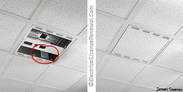 Many ceiling mounted projectors are installed incorrectly with the flexible projector cord penetrating the ceiling tile to plug into an above grid receptacle. This recessed box is plenum rated and creates a code compliant way to plug in the projector without the flexible cord being exposed in the space above the suspended ceiling.