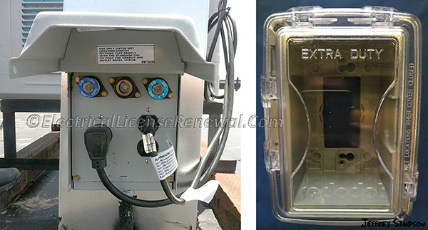The listed power outlet on the left is not the same as the outlet box hood on the right. It provides power for the evaporative cooler behind it and it is in a wet location. The metal lid closes and keeps the cord and plug connection dry. This type of listed enclosure is not required to be marked “extra duty”.
