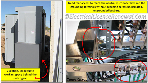 The terminals in the right side picture can be accessed without reaching across the uninsulated, ungrounded busbars but only if proper working space has been provided behind the switchgear. In this case, it hasn’t which forces the electrician to either lose weight in order to squeeze back there or reach across uninsulated ungrounded busbars from the front.